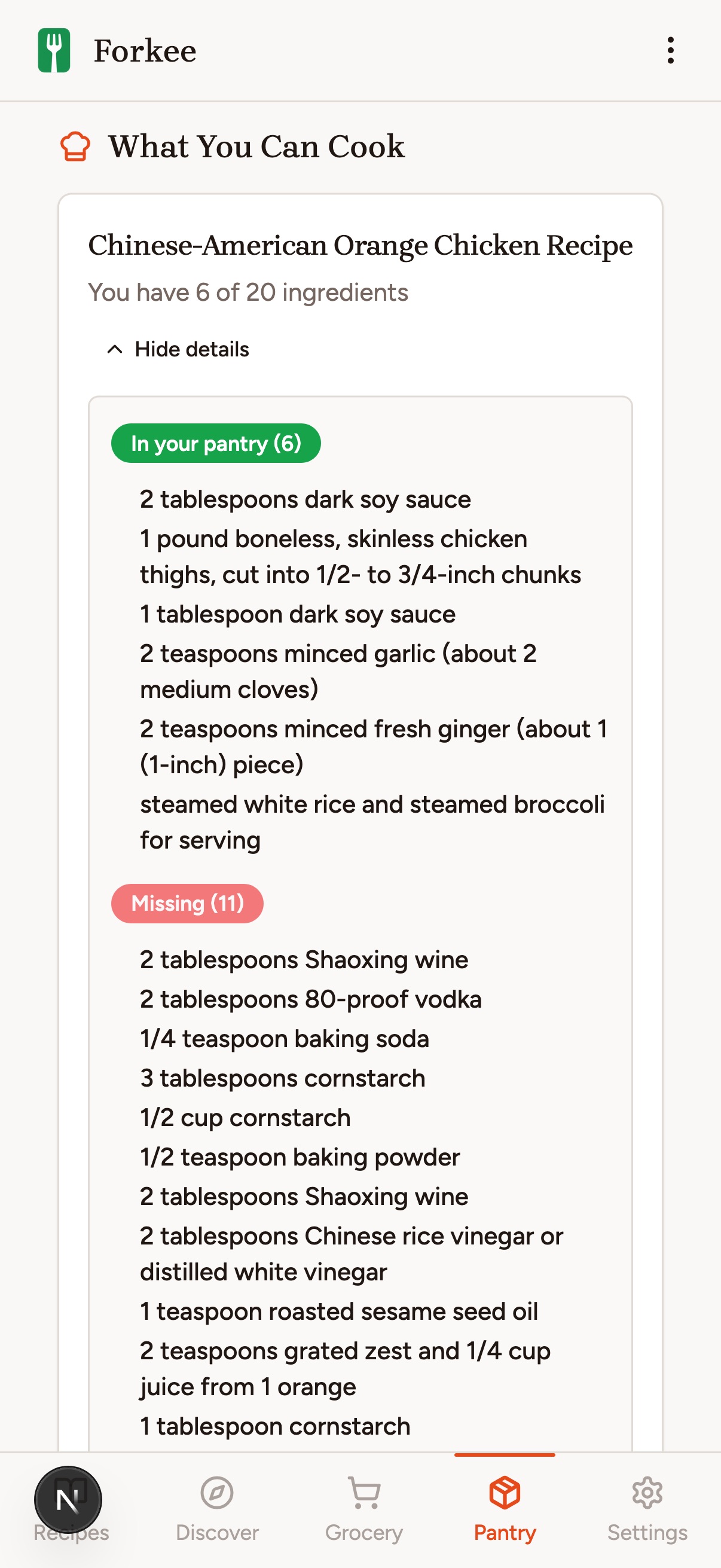 Forkee Pantry screen showing cookability suggestions for Chinese-American Orange Chicken with 6 of 20 ingredients already in pantry