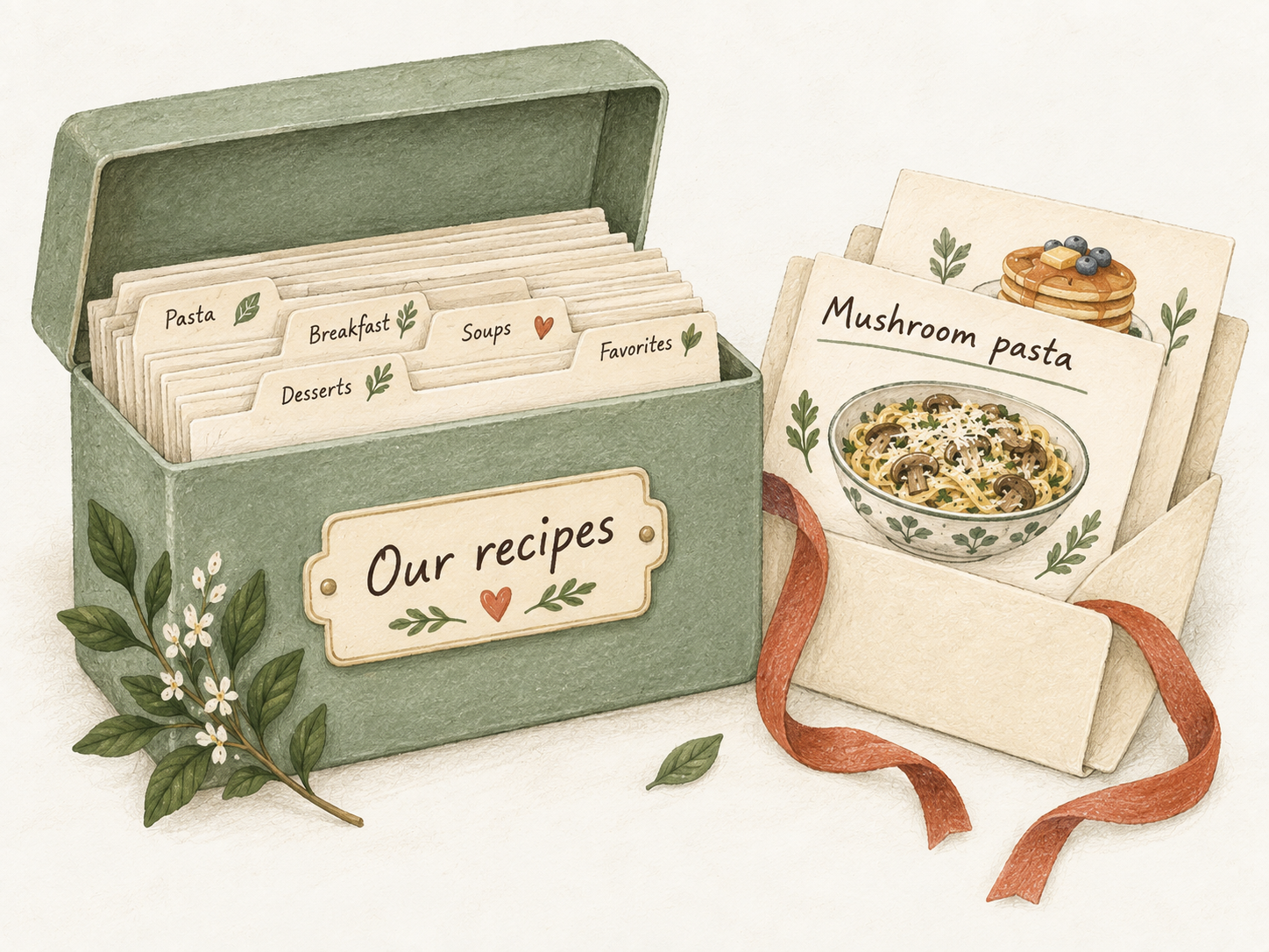 An open recipe box labelled Our recipes, with illustrated recipe cards in a paper folio ready to take along.